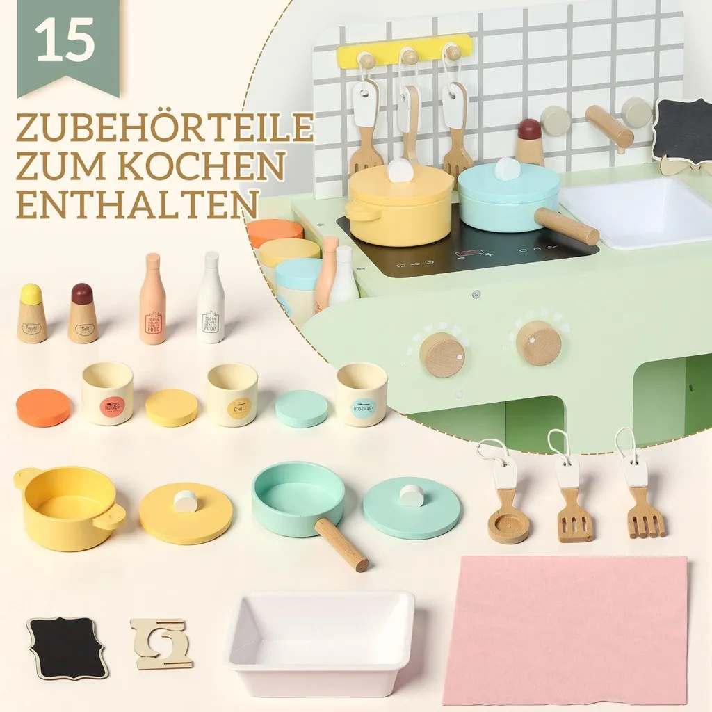 Cuisine jouet en bois MDF vert, set de 15 pièces, format compact 40cm - 6