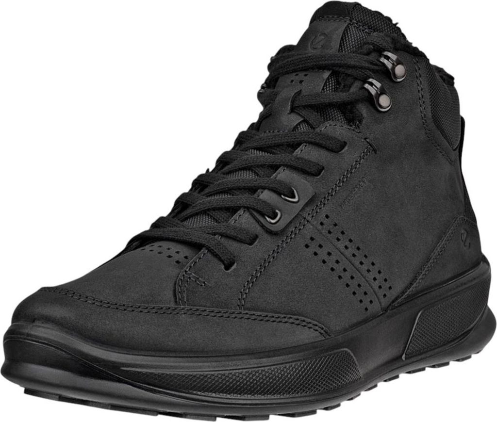 A black leather boot is shown against a white background.
