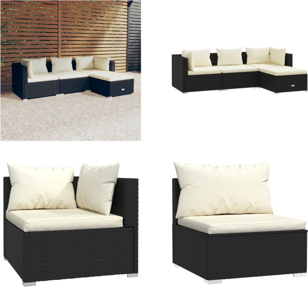 vidaXL 4 tlg. Garten Lounge Set mit Auflagen Poly Rattan Schwarz - Garten-Lounge-Set - Garten-Lounge-Sets - Terrassen-Lounge-Set - Gartensofa-Set