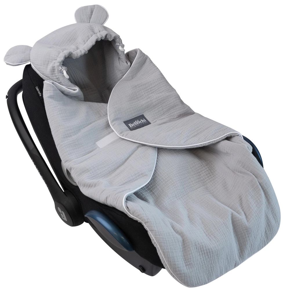 Bellochi Musselin Einschlagdecke Babyschale 90x90cm - Leichte Sommer Babydecke mit Kapuze & Fußsack für Auto & Kinderwagen - 3 & 5-Punkt-Gurt Kom...