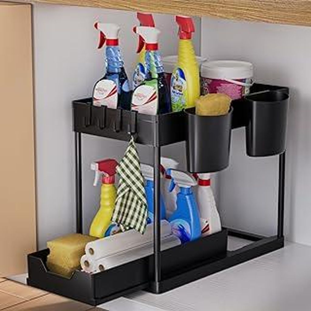 AIXPI Küchen Organizer 2 Etagen, Unter Waschbecken Regal mit Haken und Tasse Gewürzregal Spülschrank Organizer Küchenregal Schrank Organizer f...