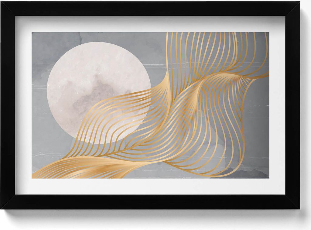 Abstrakte Illustration des Mondes mit Gold– Wandbild mit Rahmen – Gerahmtes Bild – Wanddekoration – 30x20 cm – Schwarz Rahmen