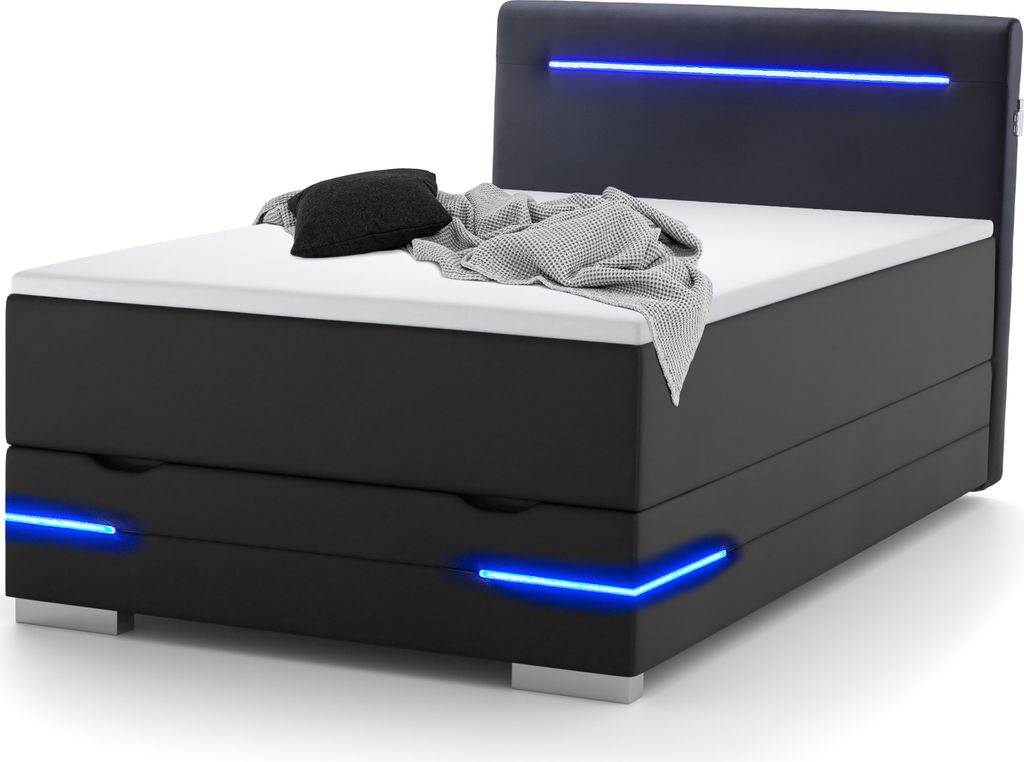 Dallas Boxspringbett 140x200 mit Bettkasten, LED Beleuchtung und USB Anschluss- bequemes LED-Bett mit einzigartiger Optik - Stauraumbett 140 x 200 cm