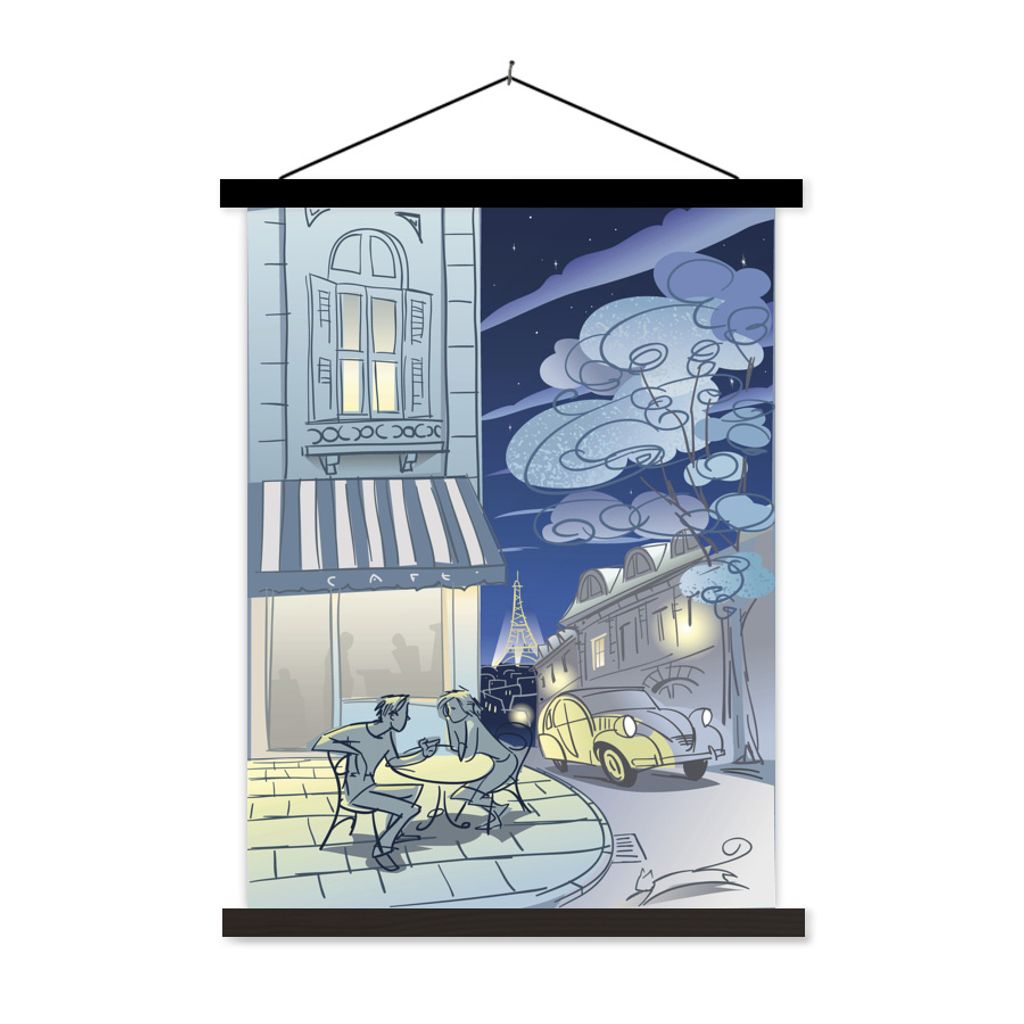 MuchoWow Textilposter Paris - Zeichnung - Nacht 120x160 cm mit schwarzem Rahmen - Magnetischer