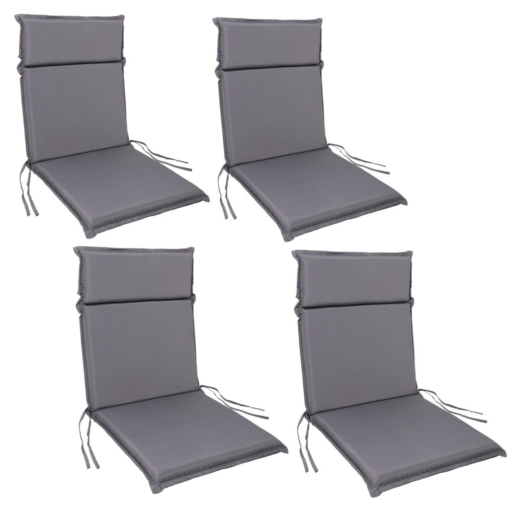 Four grey chair cushions are arranged in a two-by-two grid against a white background.