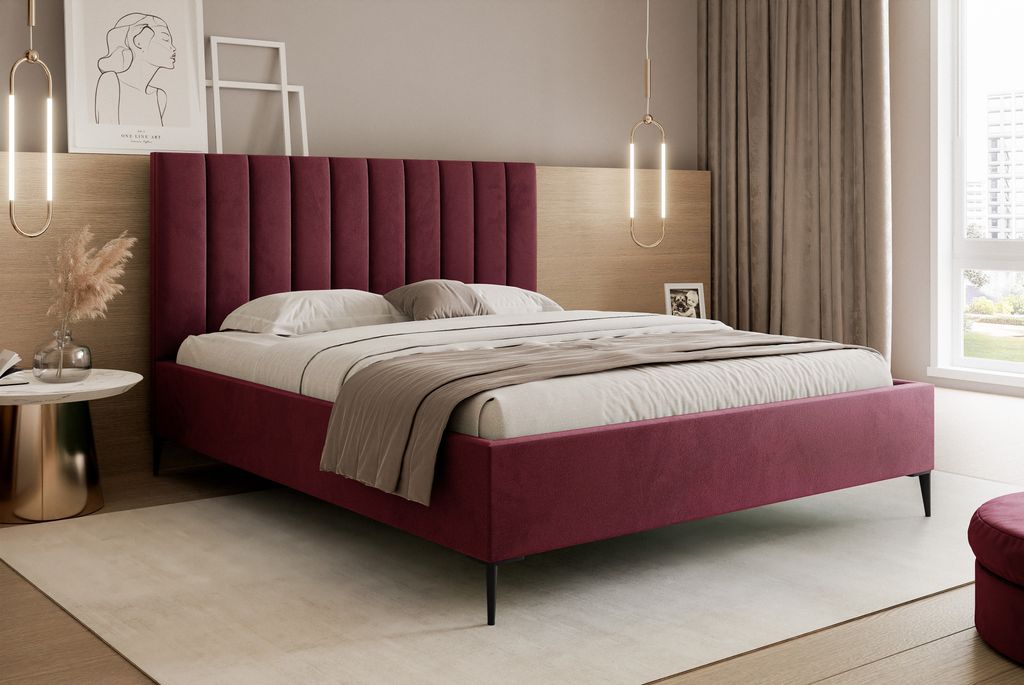 Polsterbett mit Kopfteil 120x200 Tatiana Slim II - Doppelbett mit Bettkasten und Lattenrost aus Holz - Samtstoff - Burgunderrote & Velluto 32