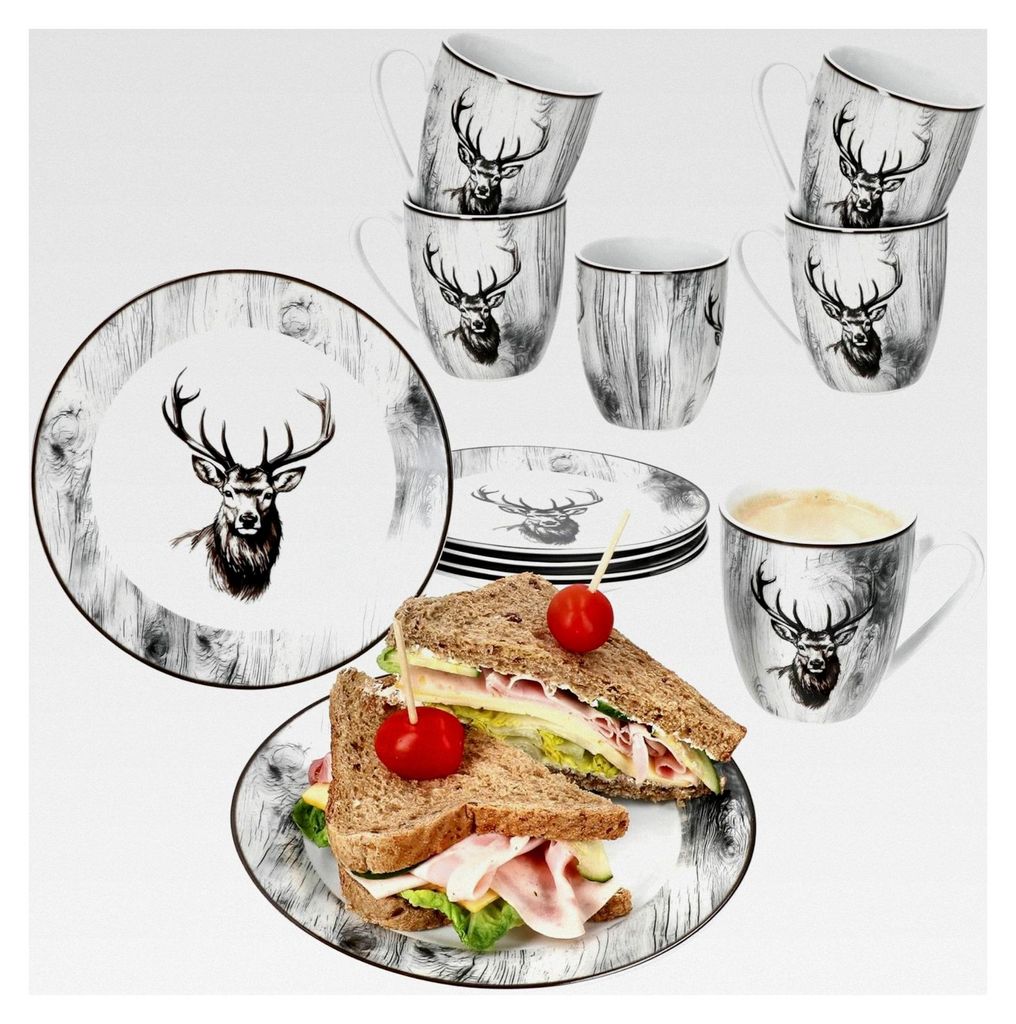 Alois 12-teiliges Frühstücksset I 6x Frühstücksteller & Kaffeebecher 350 ml aus Porzellan I für 6 Personen I Holz-Optik & Hirschmotiv in Schwa...