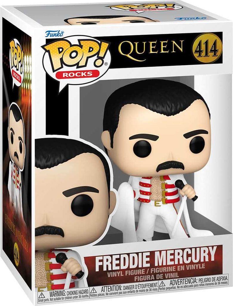 A Funko Pop! vinyl figure of Freddie Mercury in his iconic white stage outfit with a cape, presented in its original packaging.