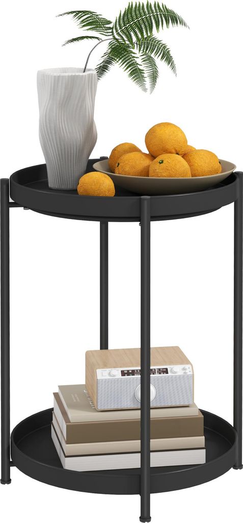 Runder Beistelltisch mit Regalboden. 2-stufiger Kaffeetisch fš¹r Wohnzimmer. Schlafzimmer. kleine R?ume. Metall. Schwarz