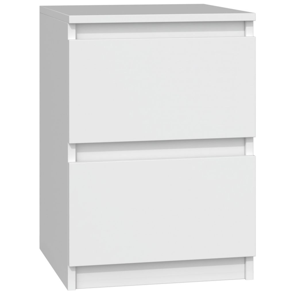 A white two-drawer nightstand on a white background.