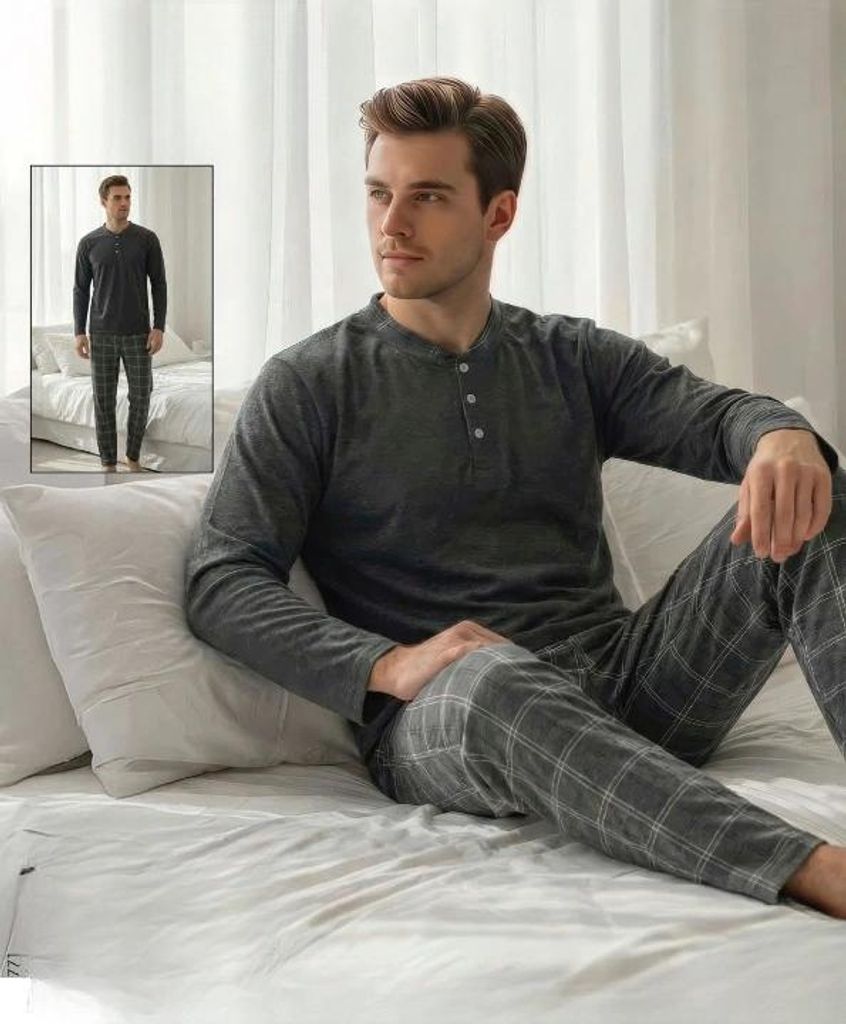 Herren Pyjama Schlafanzug Grau L Baumwolle Lang M-75 Produktbild 