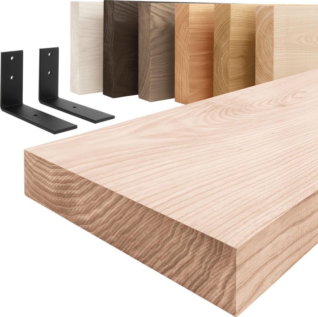 LAMO Manufaktur Wandregal Holz Gerade | Regal Farbe: Roh | mit schwarzem Basic Regalträger | 100 cm