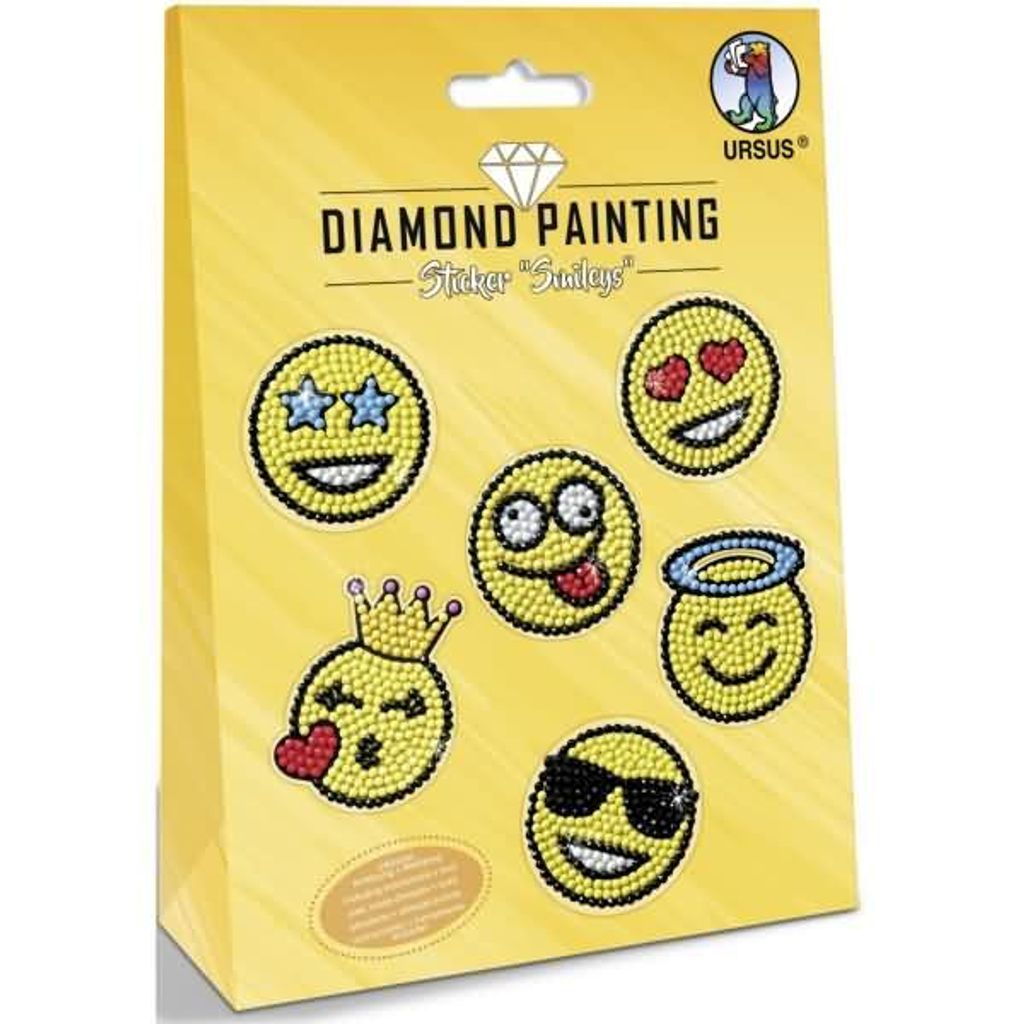 Ursus 43500006 - Diamond Painting Smileys, Stickern mit funkelnden Diamanten, Set mit 2 Stickerbögen in verschiedenen Designs, Diamantensteine, Picker, Wachs und Schale, inklusive Anleitung