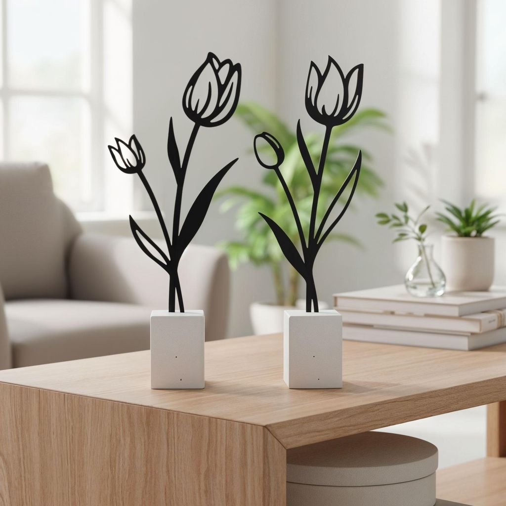 2er Set Metall Blume Tulpe Schwarz Beton Grau Draht Deko Produktbild 