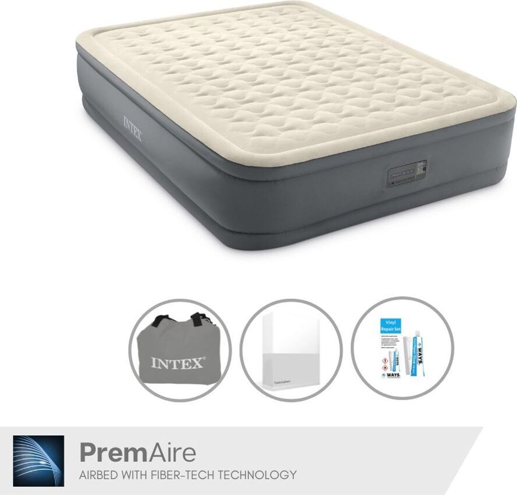Intex Luftbett - 2 Personen - 152 x 203 x 46 cm - Grau - Mit elektrischer Pumpe + Spannbettlaken Weiß + Reperaturset