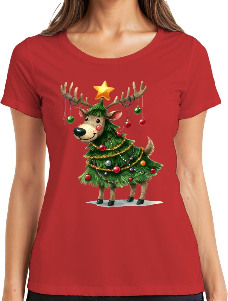Weihnachtsrentier Weihnachtsbaum Stern Kugeln lustig Geschenk Damen T-Shirt, Rot, S