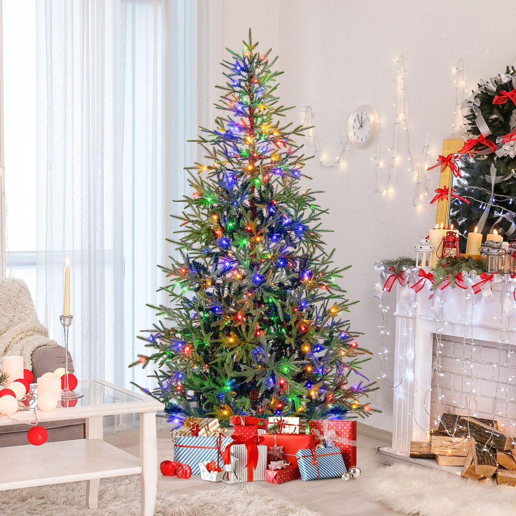 COSTWAY 210cm Künstlicher Weihnachtsbaum, Tannenbaum mit Beleuchtung, 300 mehrfarbigen LED-Lichtern, 11 Modi&678 PE Zweigen, Christbaum für Büro...