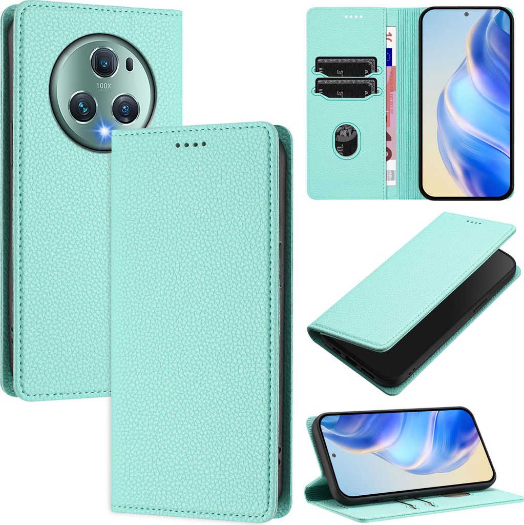 Litchi Leder Handyhülle für Honor Magic5 Pro Wallet Kartenfächer Standfunktion Hülle Türkis