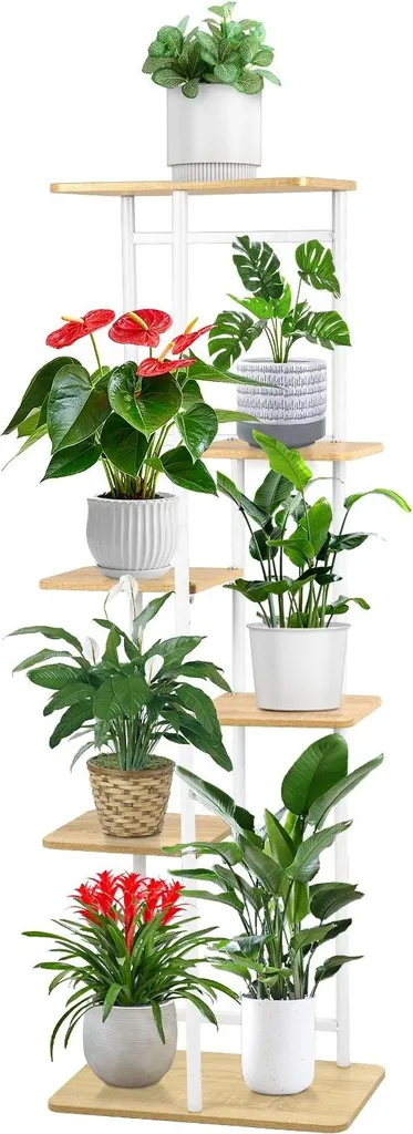 Support de plantes d'angle en bois beige 6 niveaux hauteur 106 cm