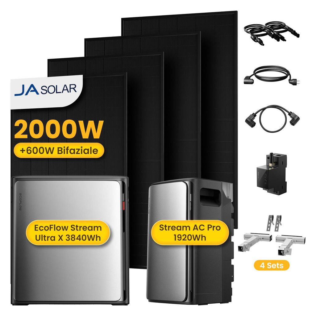 Powerness Balkonkraftwerk mit Speicher, EcoFlow STREAM Ultra X Speicher mit 2000W JASolar Modulen, STREAM AC Pro, Smart Meter & Balkon-Haken Halte...