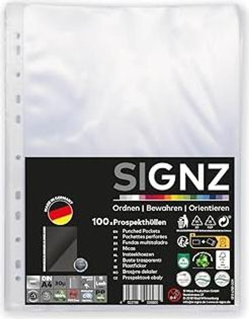 SIGNZ Prospekthüllen (DIN A4, 30 my), 100 Stück, glasklar, CO2-neutral hergestellt, Germany