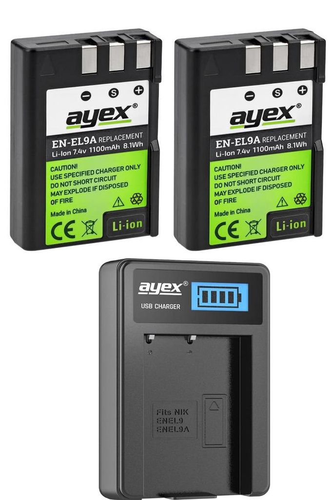 ayex Power-Set mit 2x EN-EL9a Akkus + USB Ladegerät für zB Nikon D40 D40x D60 D3000 D5000