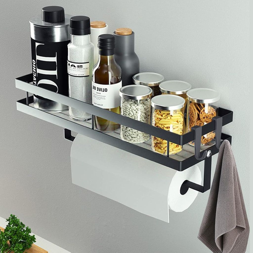 Gewürzregal, Küchenregal an der Wand ohne Bohren, hängendes Gewürzregal mit Küchenrollenhalter und 4 Haken, Küchenorganizer-Schublade, Küche...
