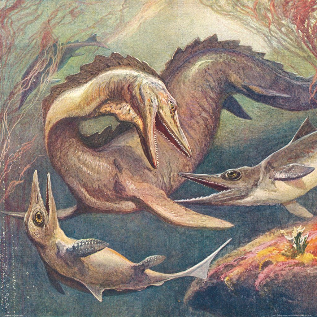 Dinosaurier Kunstdruck Bild - Mosasaurier Und Ichthyosaurier, Heinrich Harder, 1912 (70 x 70 cm)