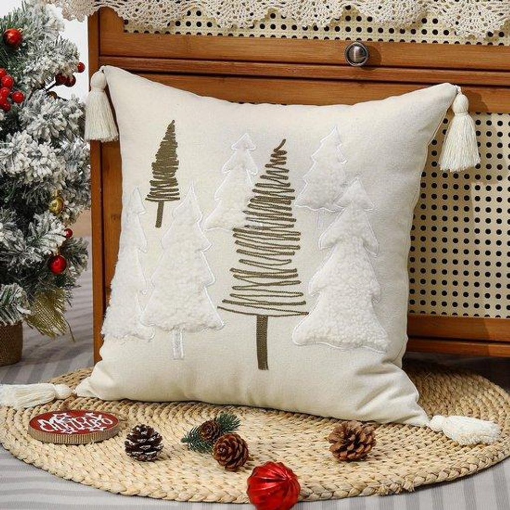 Unyqoos Dekorative Weihnachtskissenhülle mit Stickerei und Quasten für festliche Atmosphäre