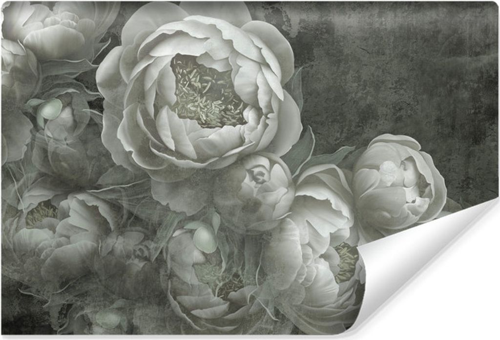 Muralo Selbstklebende Fototapete graue BLUMEN Pfingstrosen Pflanzen Vintage Stil Br. 416cm x Hö. 290cm