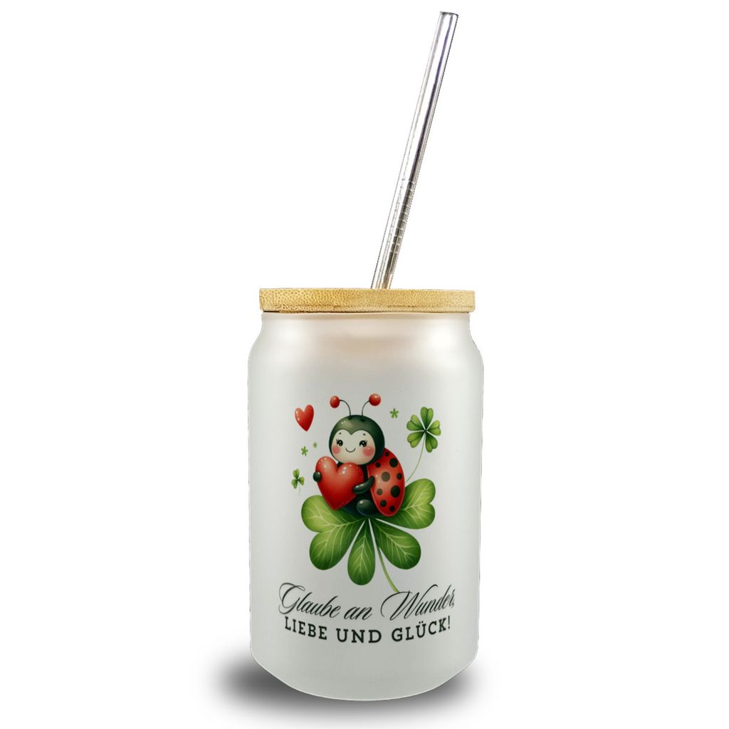 Marienkäfer Trinkglas mit Bambusdeckel mit Spruch Glaube an Wunder, Liebe und