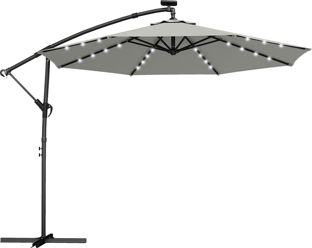 Ampelschirm LED Solar ca. Ø300 cm Drehbar Sonnenschirm mit Kurbel Ständer Schutzhülle Hellgrau