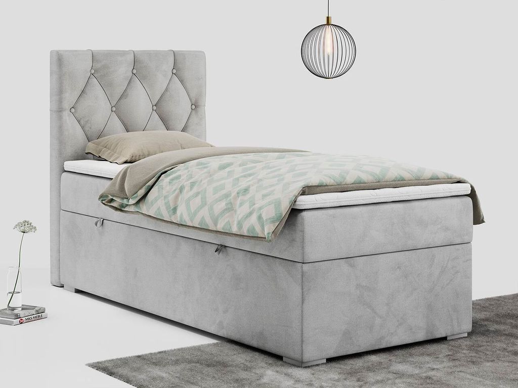 Einzelbett mit Bettkasten, jungenbetten 90 cm, Boxspringbett - ALDA - 90x200cm - links - Hellgrau - H3