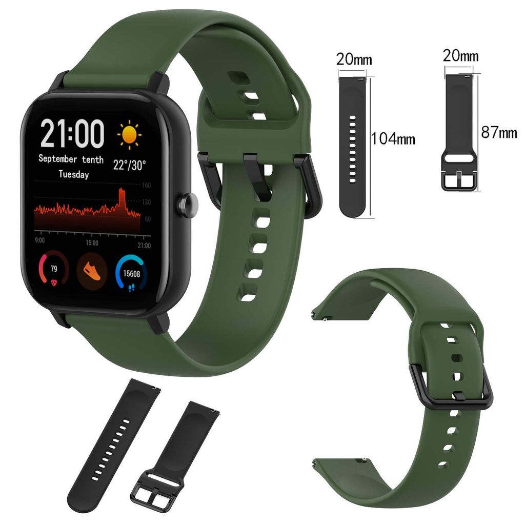 A smartwatch with a green strap and several accessory straps, along with size measurements.