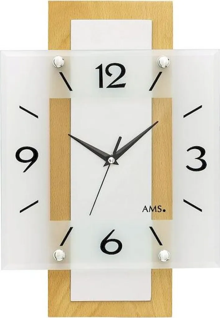 Horloge murale radio-pilotée AMS 5507 en hêtre massif et verre minéral