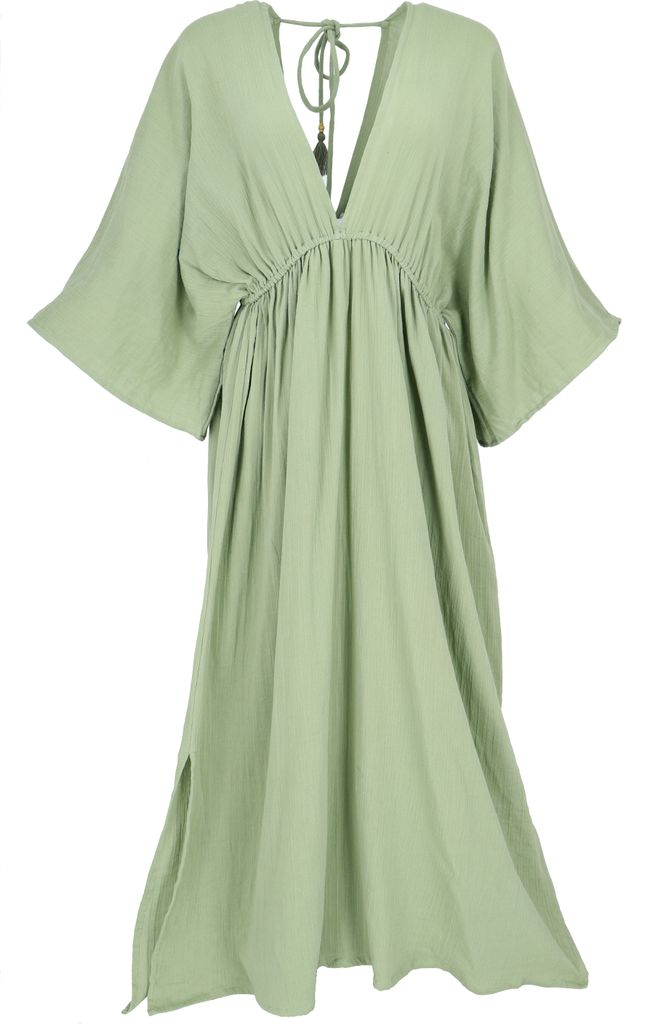 Boho Sommerkleid, Luftiges Langarm-Baumwollkleid mit Tiefem Ausschnitt, Maxikleid, Kaftan - Salbei, Damen, Grün, Baumwolle, Kleider