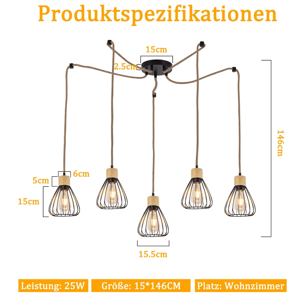 ZMH lampada a sospensione tavolo da pranzo lampada a sospensione soggiorno vintage lampada sala da pranzo nero lampada a sospensione sala da pranzo 5 fiamme retrò metallo corda di canapa in legno industriale E27 lampada a sospensione per pub senza lampadine - 2