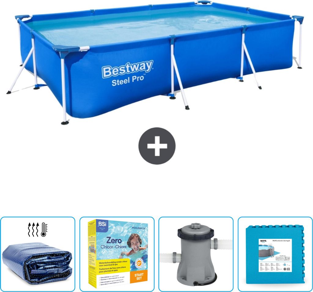 Bestway rechteckiger Steel Pro-Schwimmbecken – 300 x 201 x 66 cm – Blau – im Lieferumfang enthalten Sonnensegel - Wartungspaket - Pumpe - Bod...
