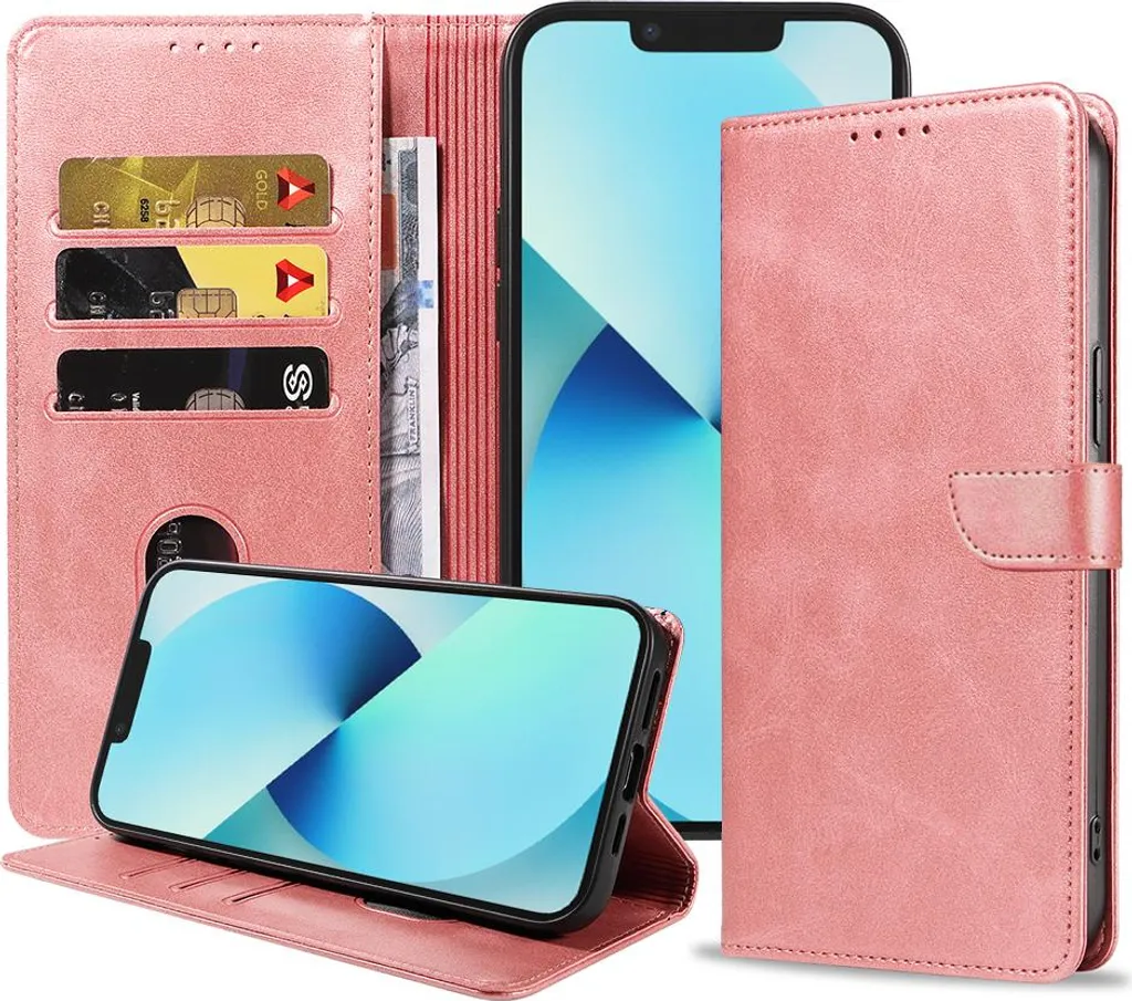 Custodia per iPhone 13 in ecopelle con labbro magnetico e portacarte a libro con patta - Rosa - Smartphonica