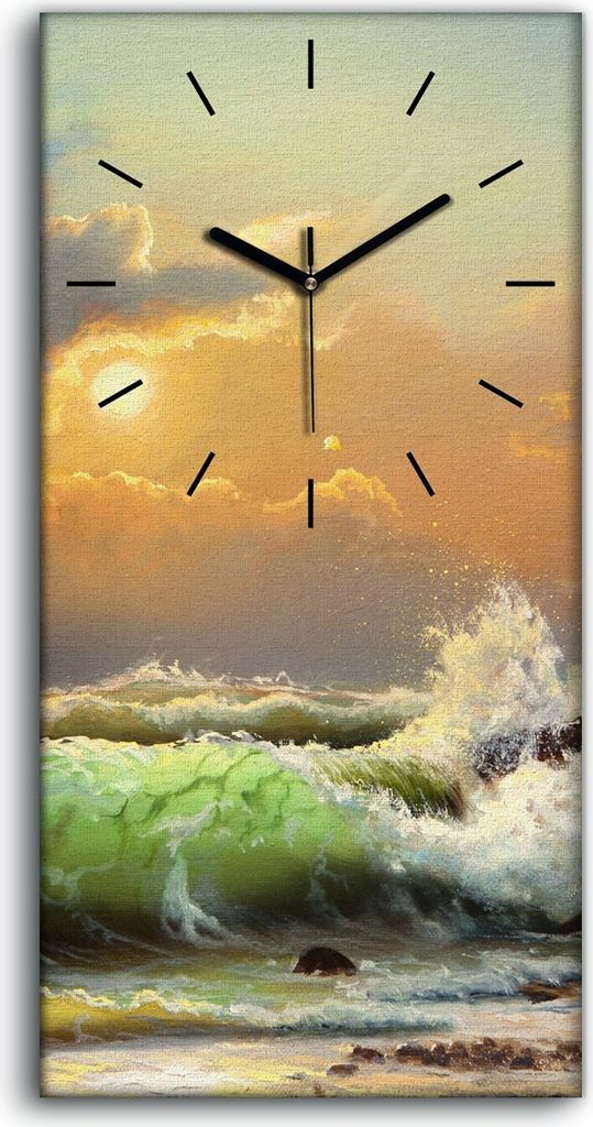 Wandbild Leinwand Bilder mit Uhr 30x60 Gemälde Ozean Meer Schiff Sonnenuntergang - schwarze Hände