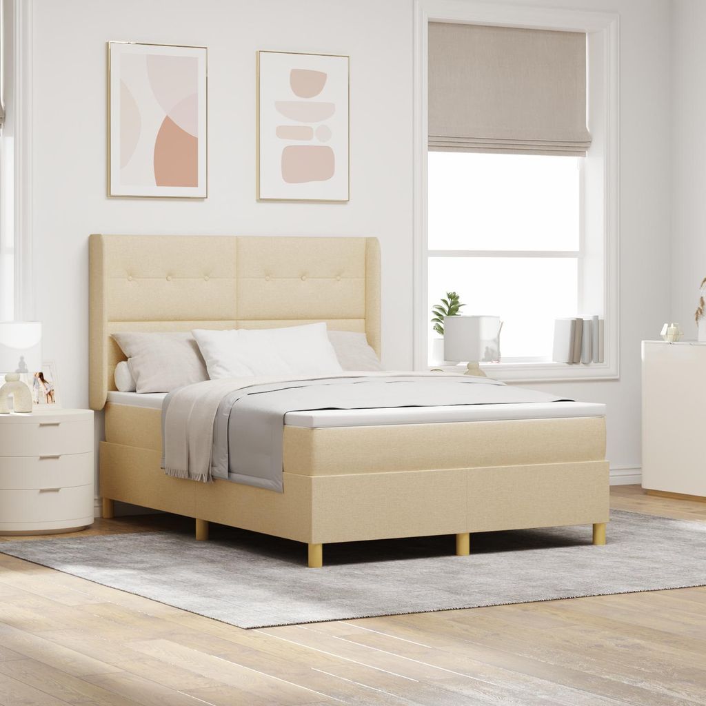 LED Boxspringbett mit Matratze Creme 160x200 cm Stoff, Design Möbel Klassische Betten Neu