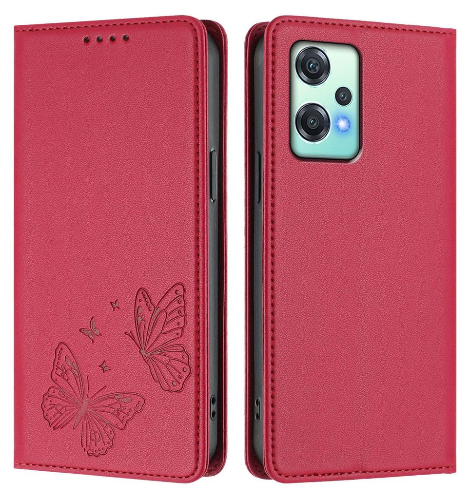 Lederhülle für OnePlus Nord CE 2 Lite 5G/Nord 2 Lite, Schmetterling Prägung Leder Brieftasche Schutzhülle mit Ständer Rot