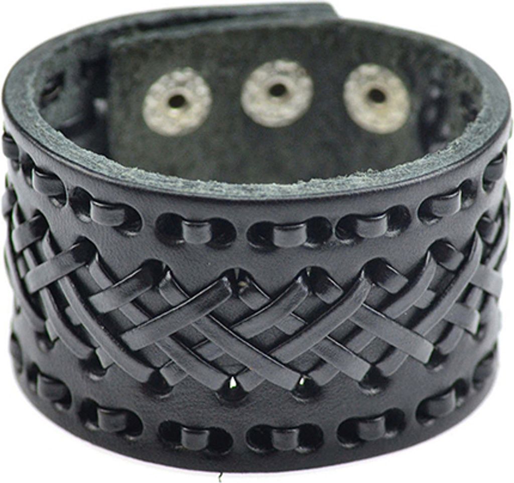 Männer Frauen Punk Braid Faux Leder Breite Manschette Armband Knopf Armband Armreif-Schwarz