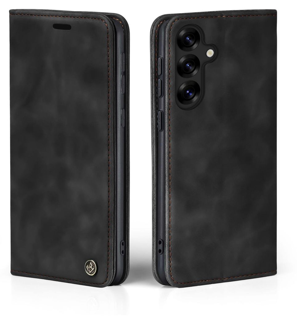 A black flip case for a smartphone is shown from two angles.