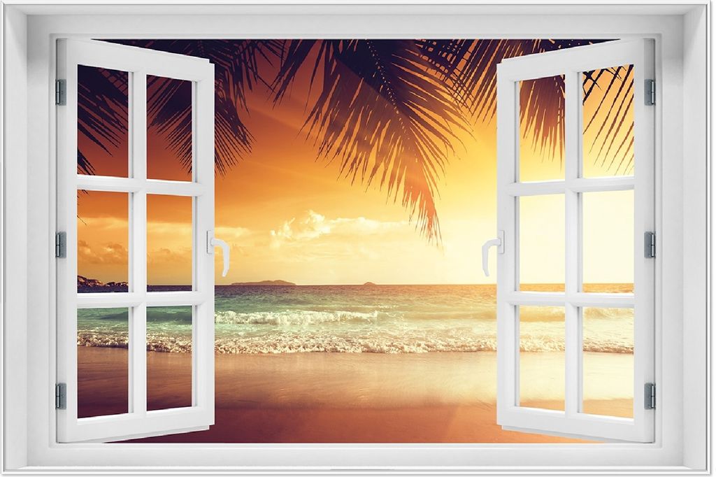 Wallario Wandbild mit Fenster-Illusion: Sonnenuntergang am Strand in der Karibik, Größe: 61 x 91,5 cm, Poster mit weißem Aluminiumrahmen