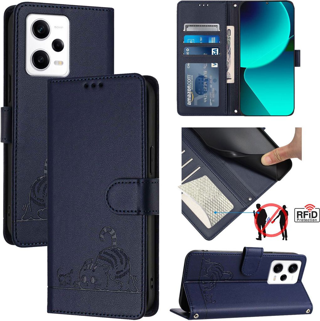Leder Hülle für Xiaomi Poco X5 Pro/Redmi Note 12 Pro 5G Süße Katze Flip Case Brieftasche Schutzhülle mit Standfunktion Blau