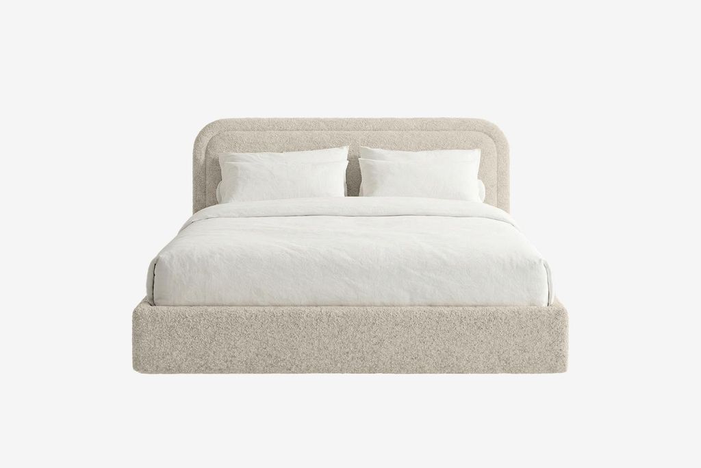 MNUUO Polsterbett AMBEO mit Bettkasten Creme 200 x 200 cm Hebbarer Metall-Lattenrost