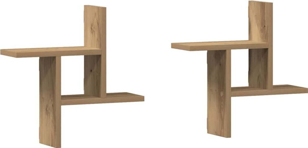 Two identical wooden shelves are shown against a white background.
