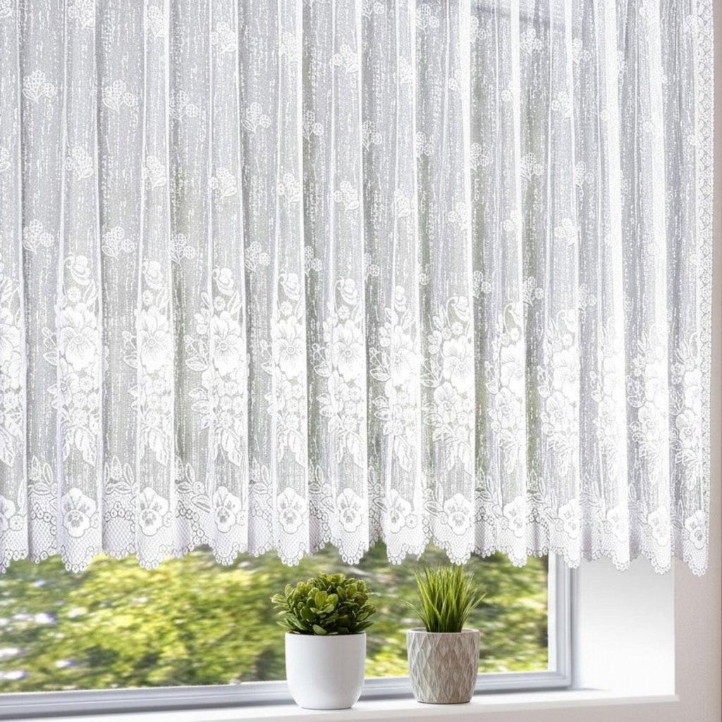 Fertigstore Jacquard Blumen weiß - halbtransparente Gardine von Albani: Größe (HxB): 80x300cm Farbe: Weiß