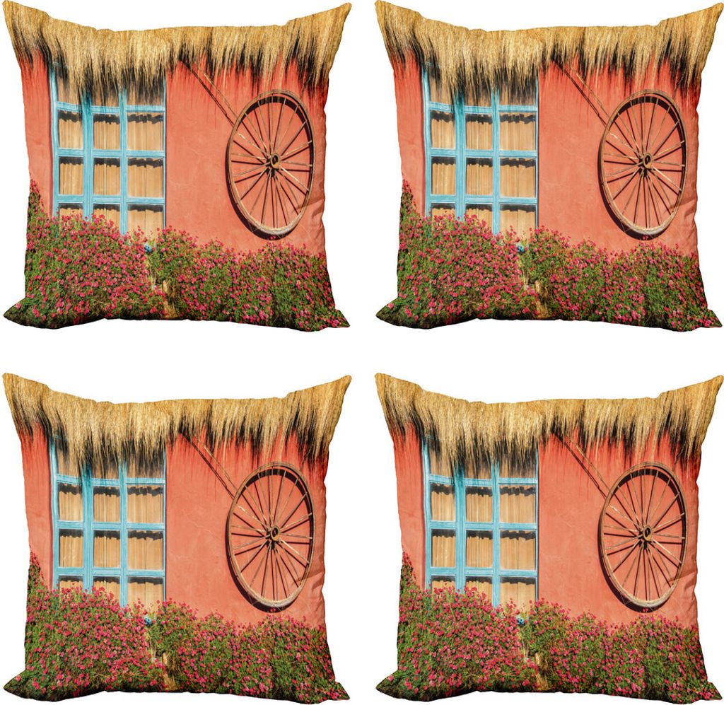 ABAKUHAUS Stall-Holz-Wagon Wheel Kissenbezug Set (4 Stück), Landhaus, Moderner Doppelseitiger Digitaldruck, 40 cm x 40 cm, Mehrfarbig